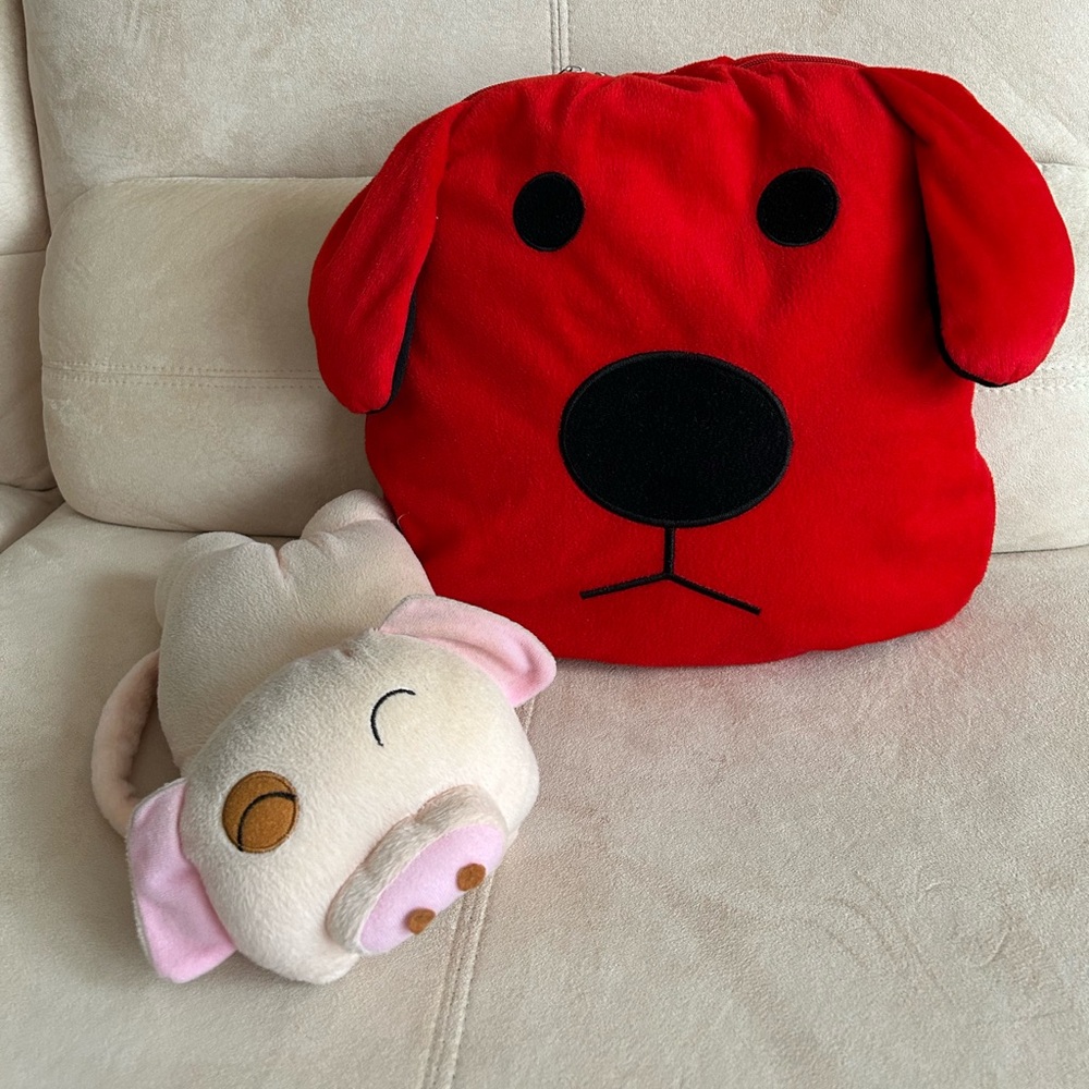 2 piece Travel Set - Red Dog Pillow and Blanket; Pig Car Headrest
